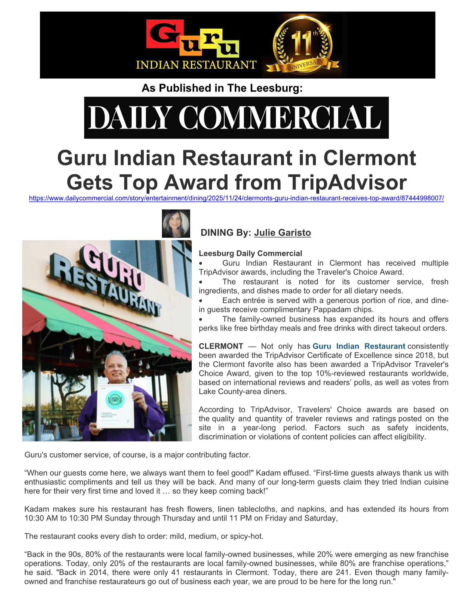 Daily Commercial Editorial for Guru Indian Restaurant